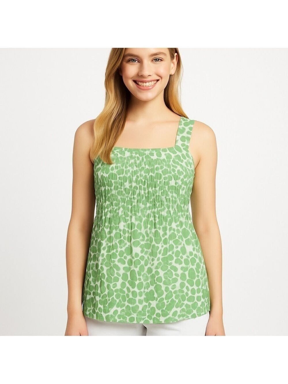 GEORGE by Mark Eisen Cute Green & White Print Tank Top Size XS